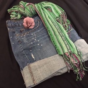 Distressed Denim Mini Skirt with Sequins & Beads