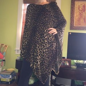 Super Soft Leopard Poncho with Faux Leather Trim