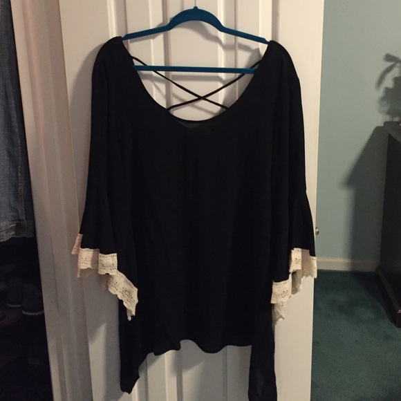 Black tunic top with crochet bell sleeves