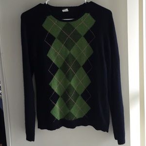 J. Crew navy sweater, argyle pattern.