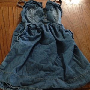 Blue denim collared dress w/ pockets+elastic back