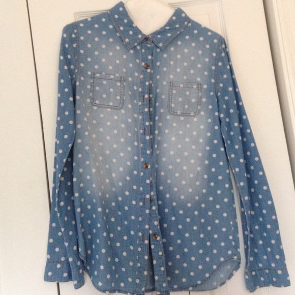 Faded jean button down with polka dots