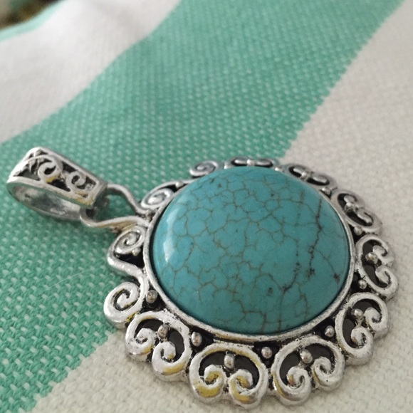 Sun Dial Natural Turquoise Stone + Silver Scroll Pendant - Picture 2 of 4