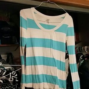 Long sleeve tan and blue shirt