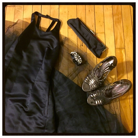 BCBG black tie satin and tulle halter dress/ gown