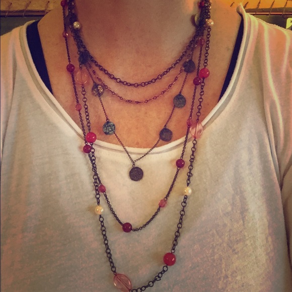 Pink beads and chain layered necklace