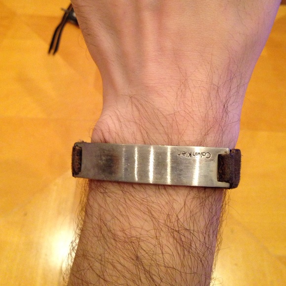 Calvin Klein distresses leather ID bracelet