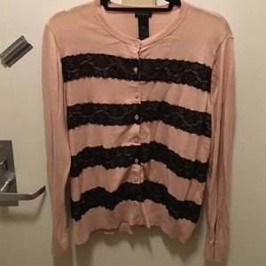 Lace Striped Crew Neck Cardigan
