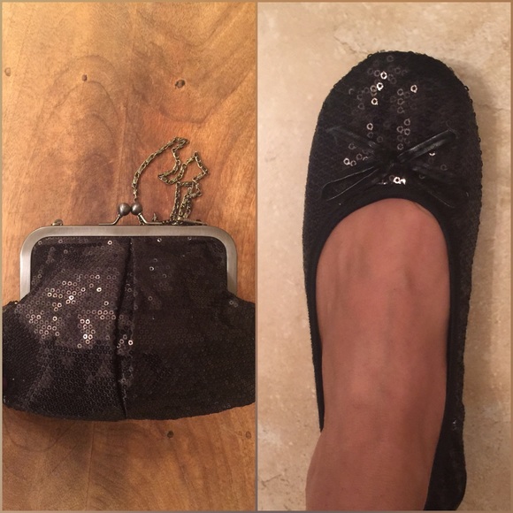 Brand New💖Black Sequin Foldable Flats w/Purse 7