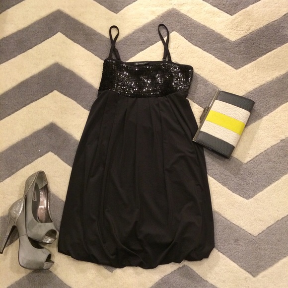 INC Black Spaghetti Strap Sequin Bubble Hem Dress