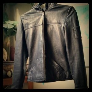 Express Vintage Leather Hooded Jacket EUC
