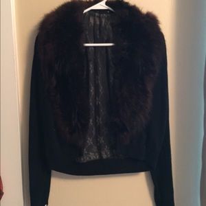 Vintage Black Cardigan with Faux Fur Trim