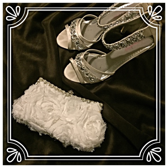 White chiffon rosette and diamond bridal  clutch