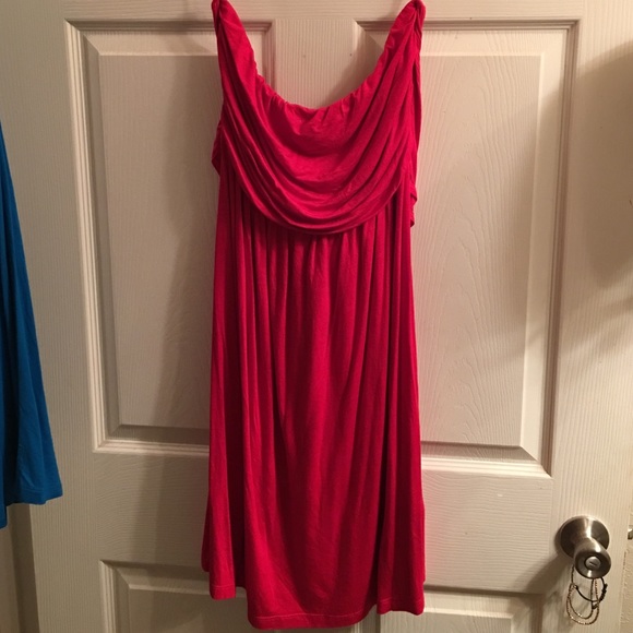 Red/pink coral strapless dress with tie back