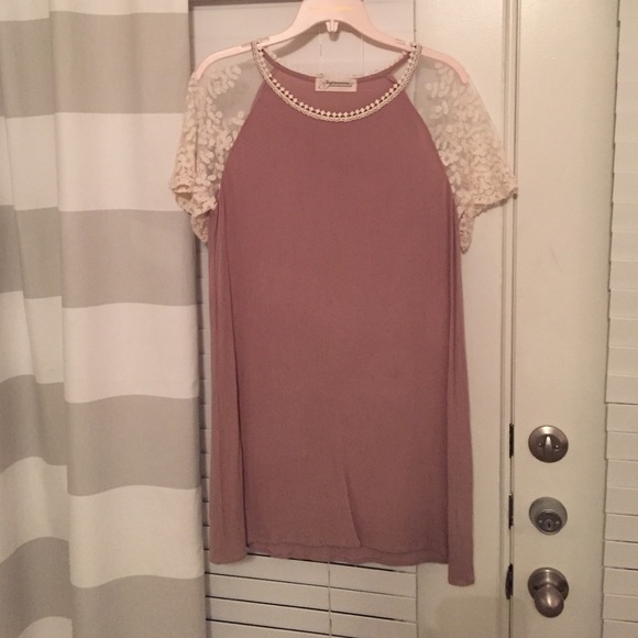 Tan Mini Dress with Lace Sleeves - L