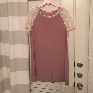 Tan Mini Dress with Lace Sleeves - L