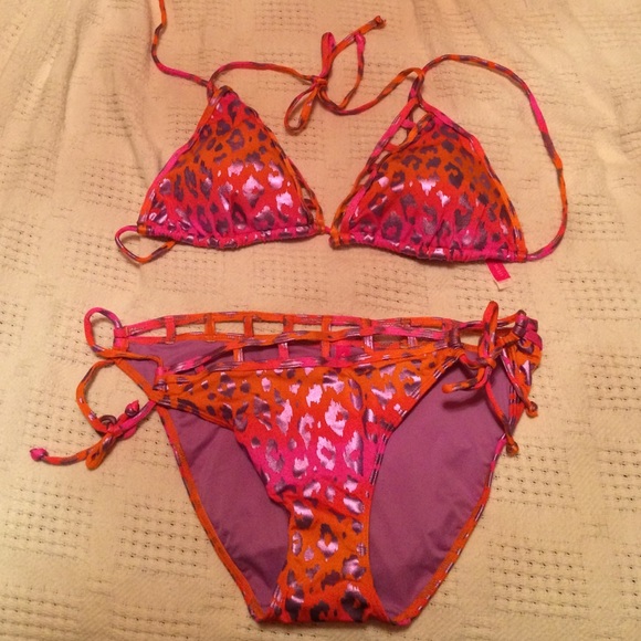 Purple metallic orange and pink cheetah bikini