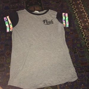 PINK t-shirt with striped sleeves