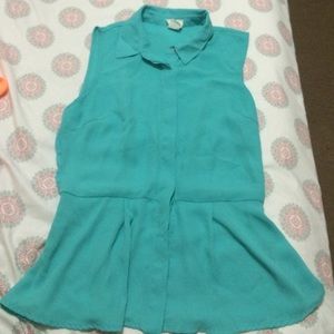 Mint Green Button Up Collar Peplum Top