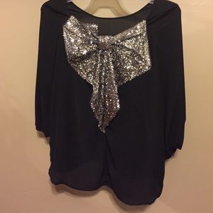 Black Chiffon Top with Silver Sequin Bow