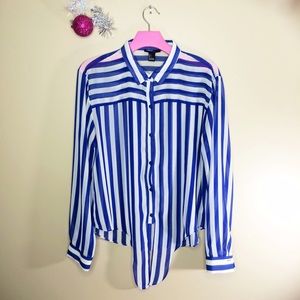 Sz L Sheer Blue + White Striped Blouse