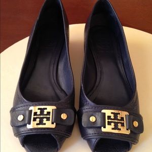 Tory Burch Black Carnell Leather Peep Toe Wedge.