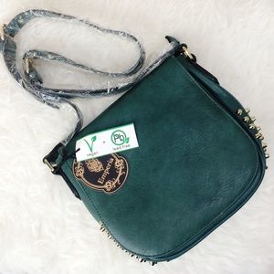 Green Crossbody Bag w/ Gold Studs+Leopard Interior