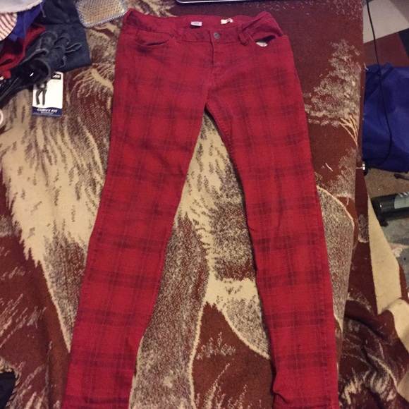 Red plaid skinny jeans