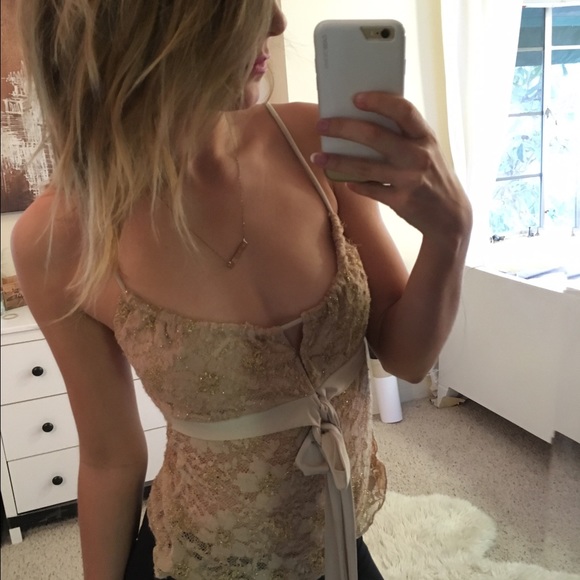 Glitter lace tan top with bow detail