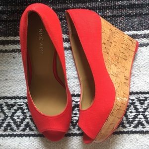 🌞NWOT Nine West Red Canvas Peep-Toe Cork Wedge
