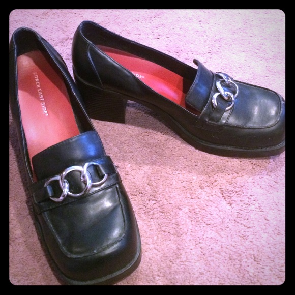 Black Loafer Heels with Circle Buckle Detail