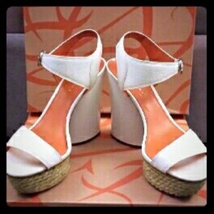 Via Spiga white patent leather platform sandals