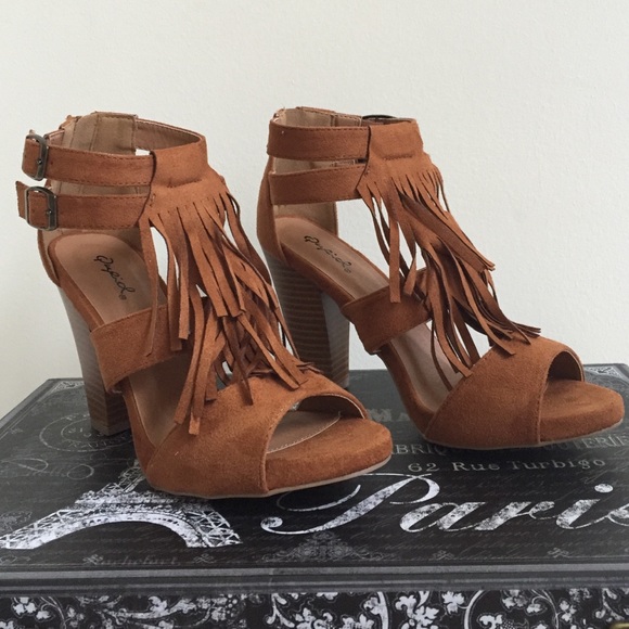 Faux suede fringe heel