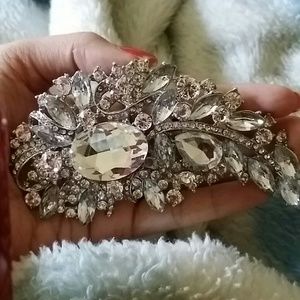 Crystal rhinestone cz hair clip brooch bride leaf