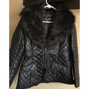 Black checkered faux fur jacket.
