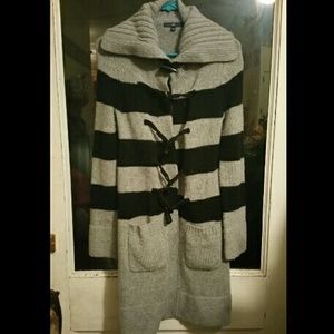 Warm grey wool striped toggled coat gap size S