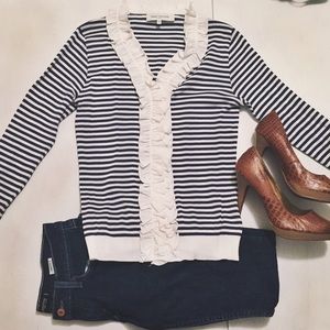 Anne Fontaine Navy Blue & White Ruffle Sweater