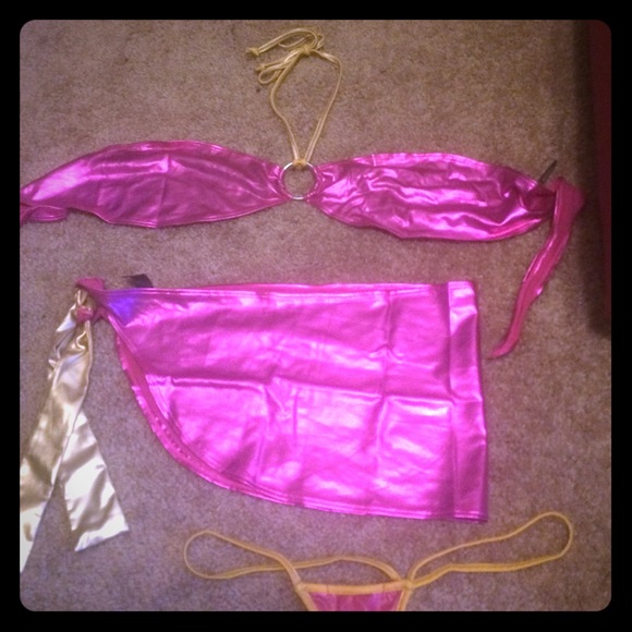 Bright pink & gold 3-piece Stripper skirt set