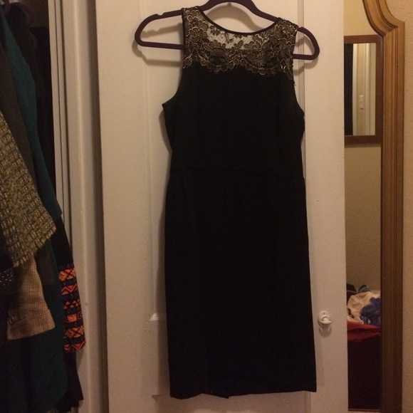 Ann Taylor loft gold lace black holiday dress- 4