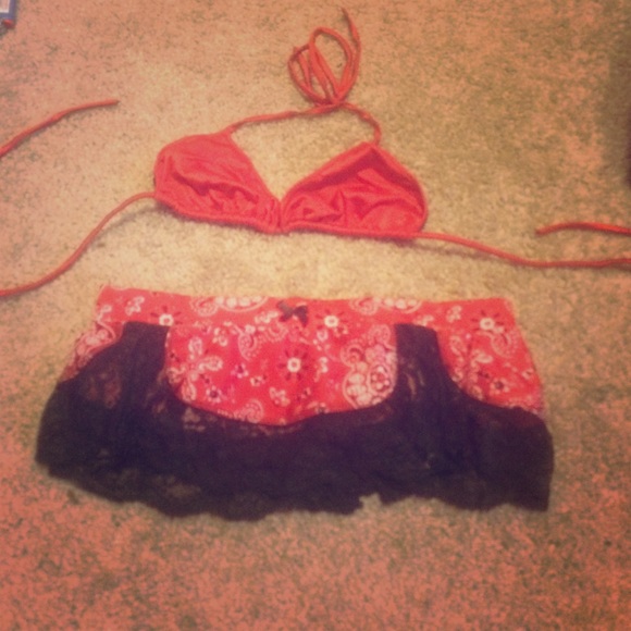 Stripper Red skirt set; red bandanna print