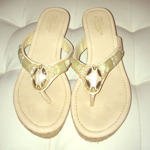 Jeweled wedge nude sandals