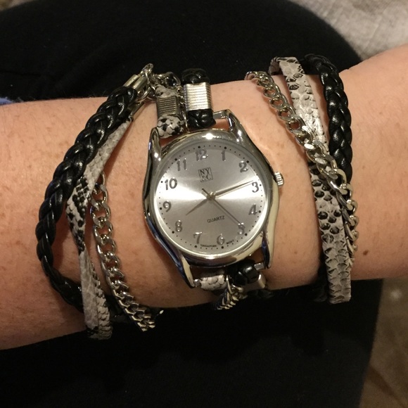 Triple strand double wrap around watch