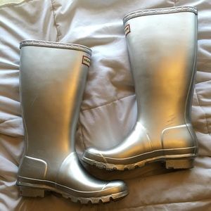tall silver Hunter rain boots