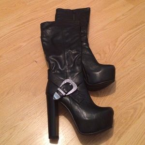 NWOT Black knee high boots w/ silver buckles