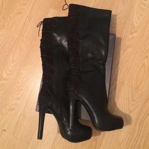 NWOT black knee high boots lace up back