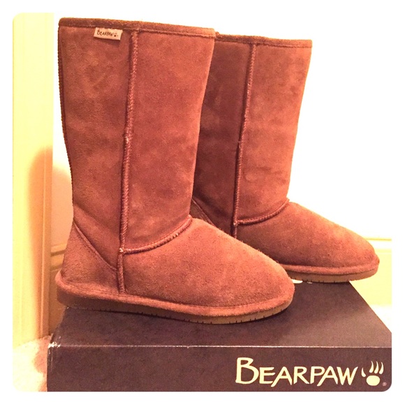 Tall chestnut bearpaw boots