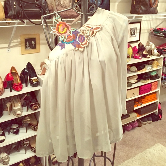 Angie grey chiffon one shoulder embroidered blouse