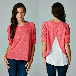 "CARLY" crew neck raglan knit sweater in coral