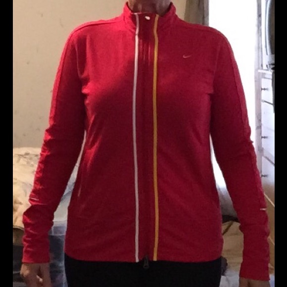 Nike sweat jacket, red w/yellow piping. Sz XL.