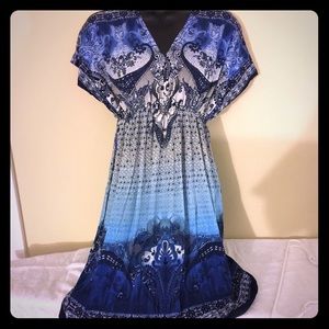 Blue multi-colored top.